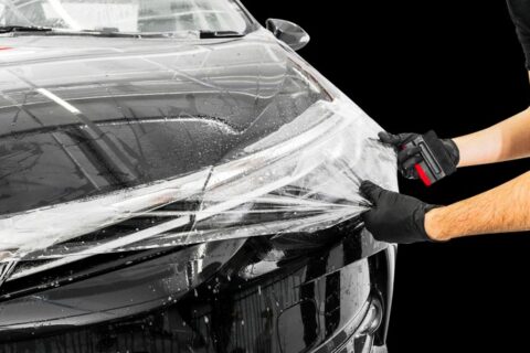 Car paint protection film is being applied to the hood in Portland, OR